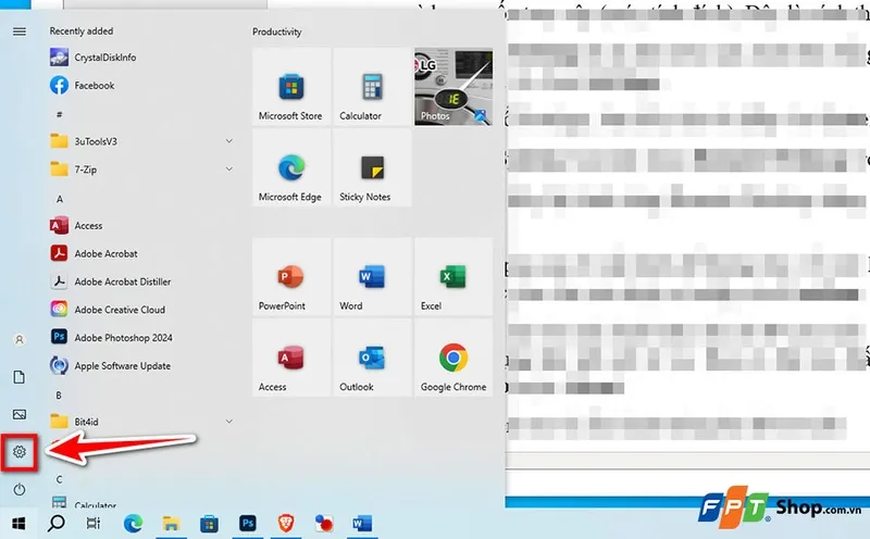 Minh họa cách mở Settings (Cài đặt) trên máy tính đích