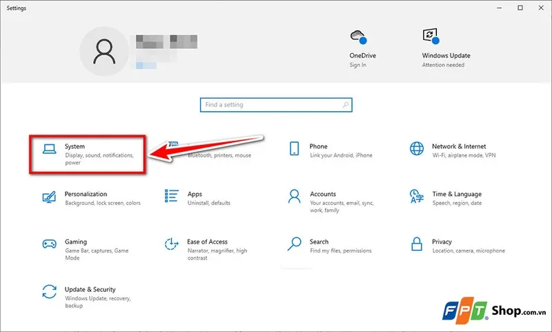 Minh họa cách chọn mục System trong cửa sổ Settings
