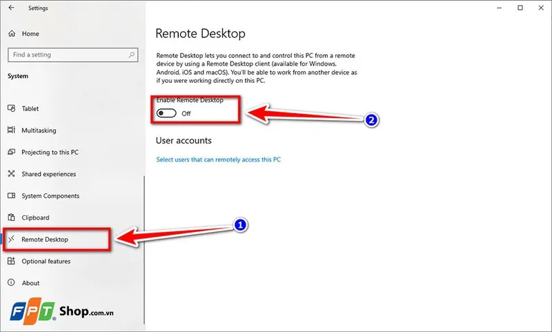 Minh họa cách bật Remote Desktop trong phần cài đặt System