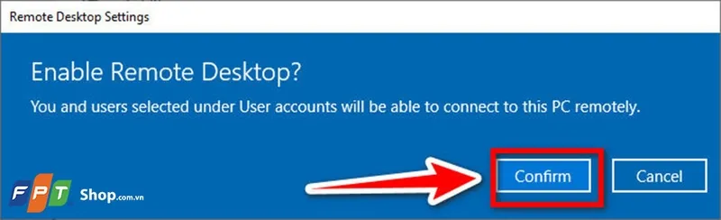 Minh họa cửa sổ pop-up xác nhận việc kích hoạt Remote Desktop