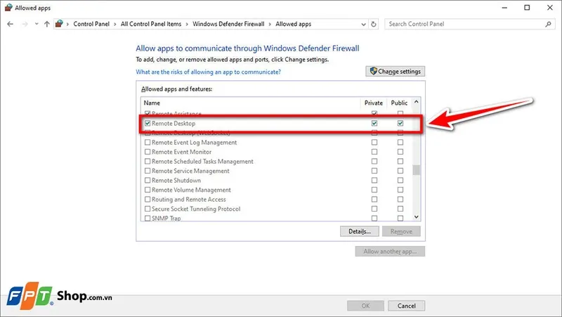 Minh họa cửa sổ cho phép Remote Desktop qua tường lửa trên cả Private và Public
