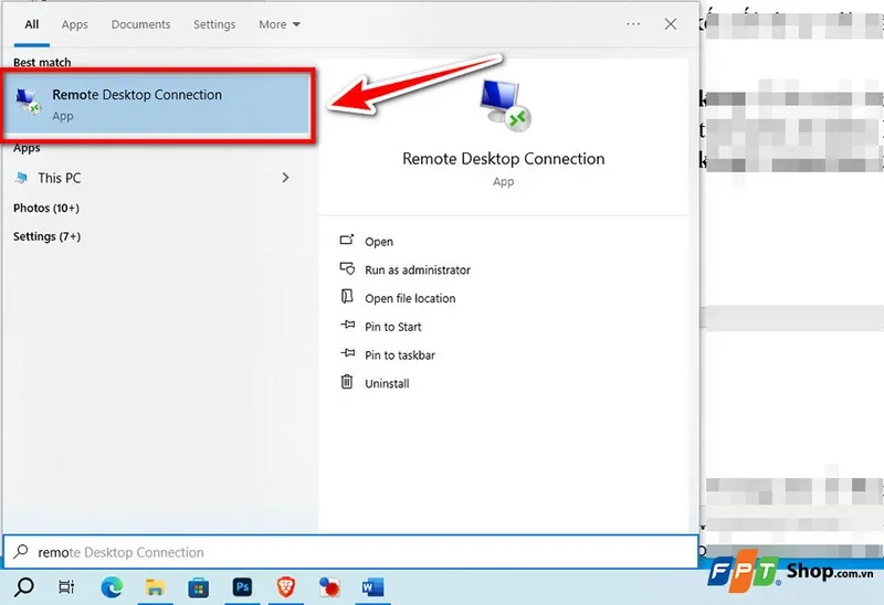 Minh họa cách tìm và mở ứng dụng Remote Desktop Connection trên máy khách