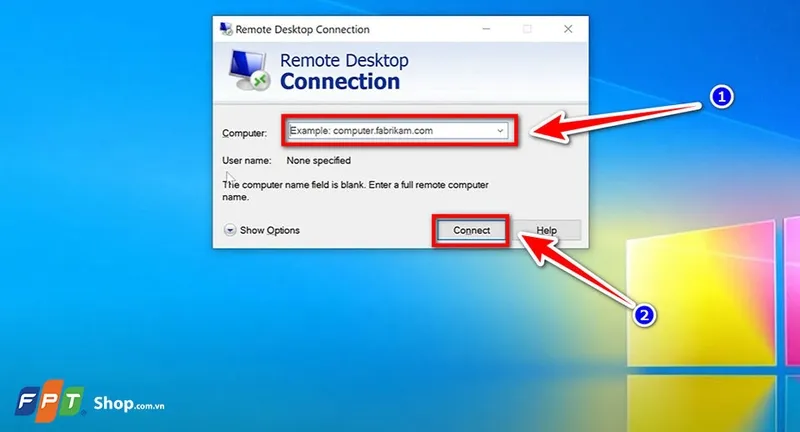 Minh họa cửa sổ Remote Desktop Connection để nhập địa chỉ IP hoặc tên máy tính đích