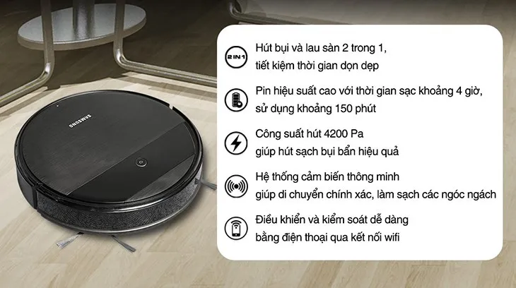 Robot hút bụi lau nhà Samsung VR05R5050WK/SV có kiểu dáng gọn nhẹ, nhỏ nhắn, màu đen lịch lãm, tương tự như các thiết bị vệ sinh nhỏ gọn và chuyên nghiệp