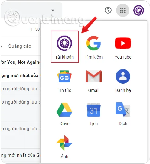 Giao diện truy cập mục Tài khoản từ các ứng dụng của Google
