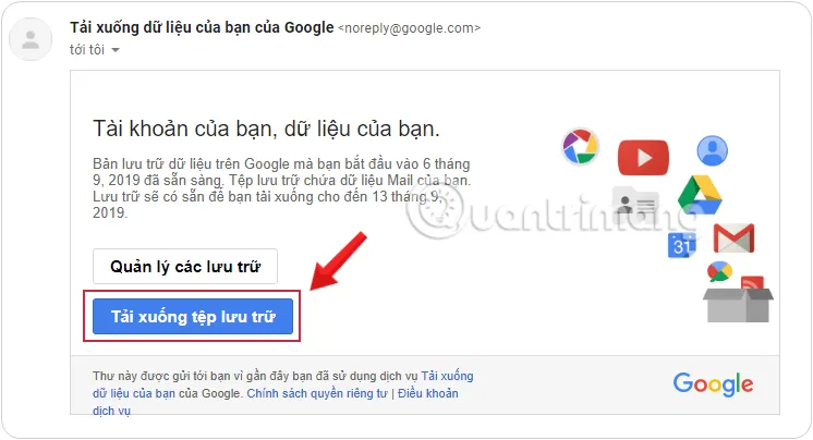 Hộp thư đến Gmail với email thông báo tệp sao lưu đã sẵn sàng để tải xuống