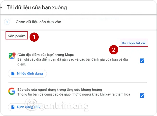 Giao diện Google Takeout, chọn Bỏ chọn tất cả trước khi chọn dịch vụ Mail