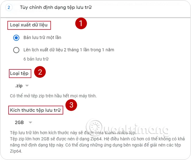 Cài đặt tùy chỉnh định dạng tệp lưu trữ, loại tệp (ZIP/TGZ), và kích thước tối đa