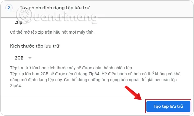 Nút Tạo tệp Lưu trữ để bắt đầu quá trình nén dữ liệu Gmail