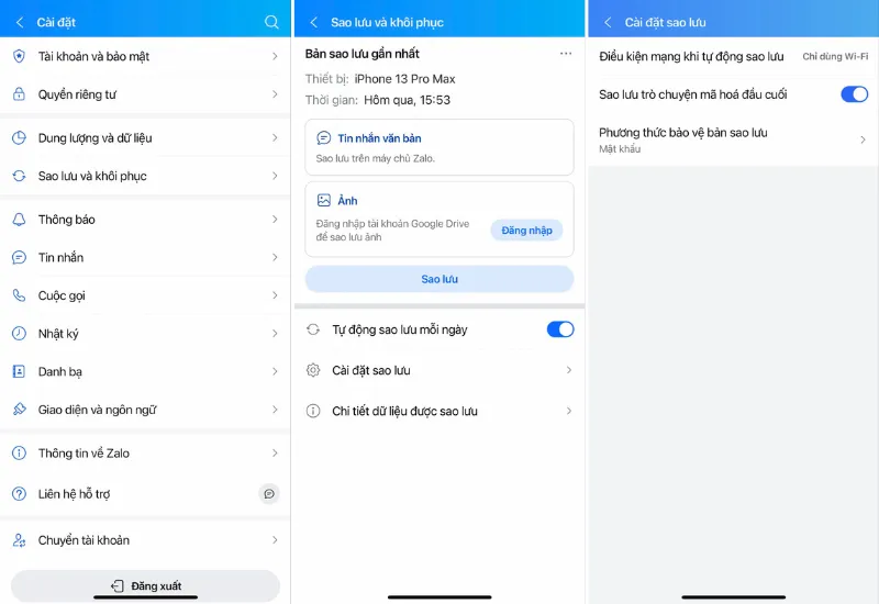 Thiết lập chế độ tự động và các tùy chọn mạng cho tính năng sao lưu tin nhắn Zalo hằng ngày