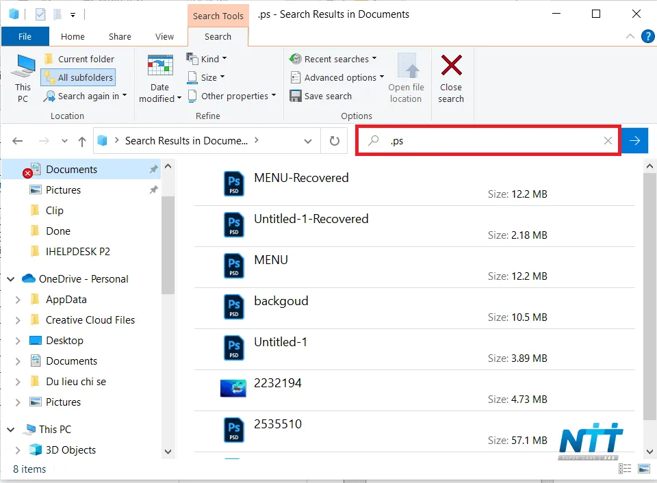Giao diện tìm kiếm trong File Explorer hiển thị kết quả tìm kiếm theo định dạng file .ps