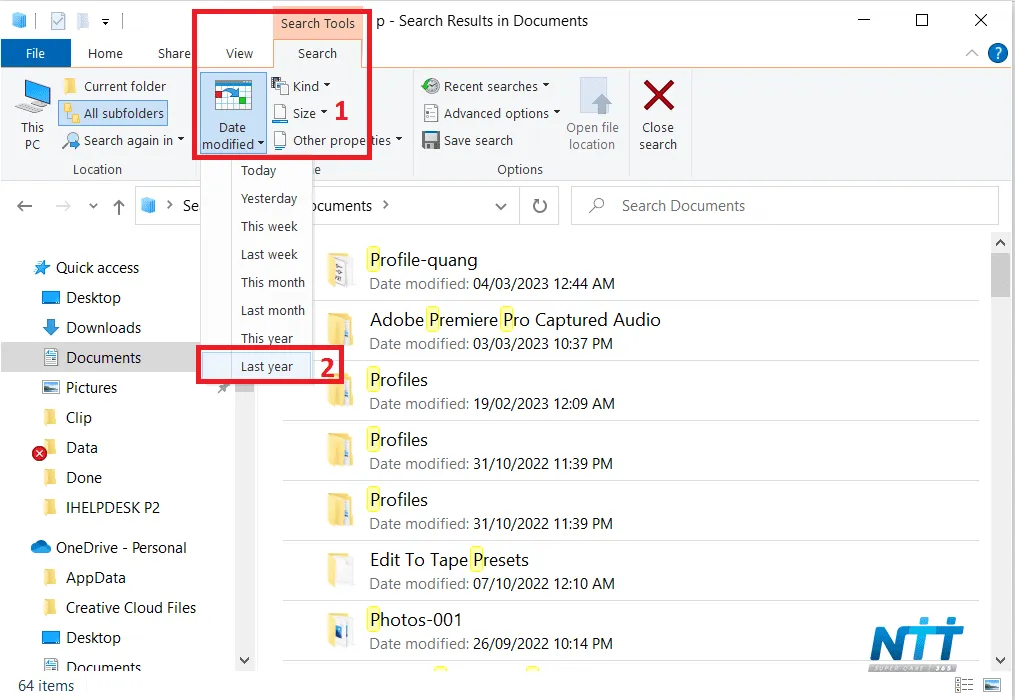 Ví dụ về kết quả tìm kiếm file dựa trên thuộc tính Date Modified (Ngày sửa đổi) trong Windows Search