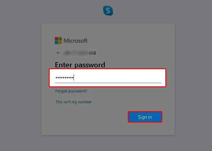 Màn hình yêu cầu nhập mật khẩu để đăng nhập tài khoản Skype trên máy tính