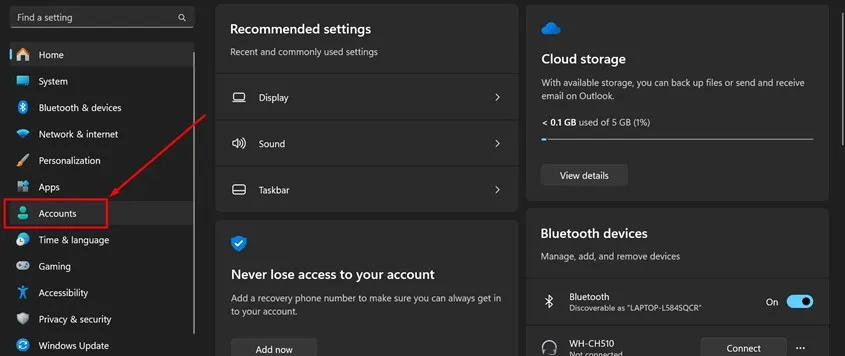 Truy cập Accounts trong Settings để dùng Dynamic Lock