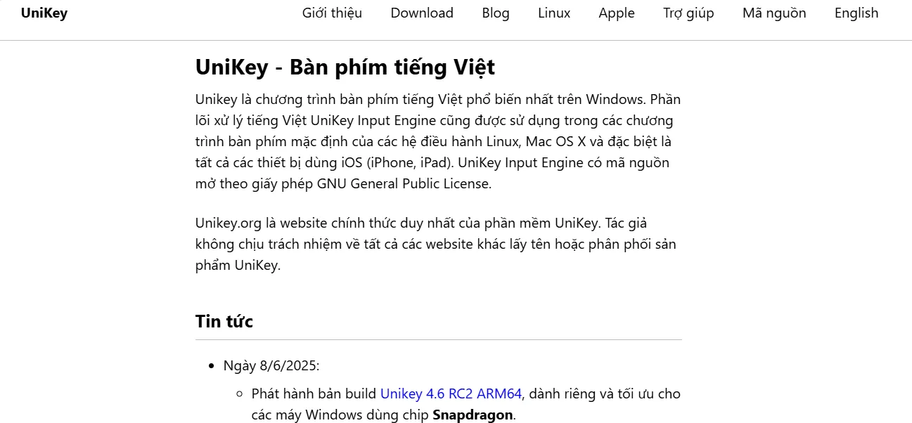 Giao diện chính của phần mềm UniKey, hiển thị các tùy chọn bảng mã và kiểu gõ phổ biến
