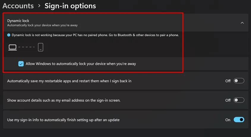 Kích hoạt tính năng Dynamic Lock để tự động khóa máy tính