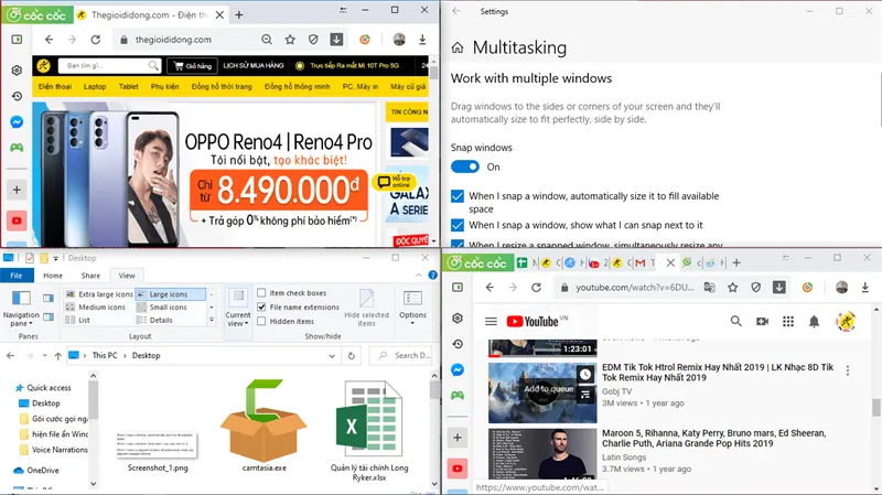 Màn hình được chia thành ba hoặc bốn cửa sổ để theo dõi nhiều nội dung cùng lúc