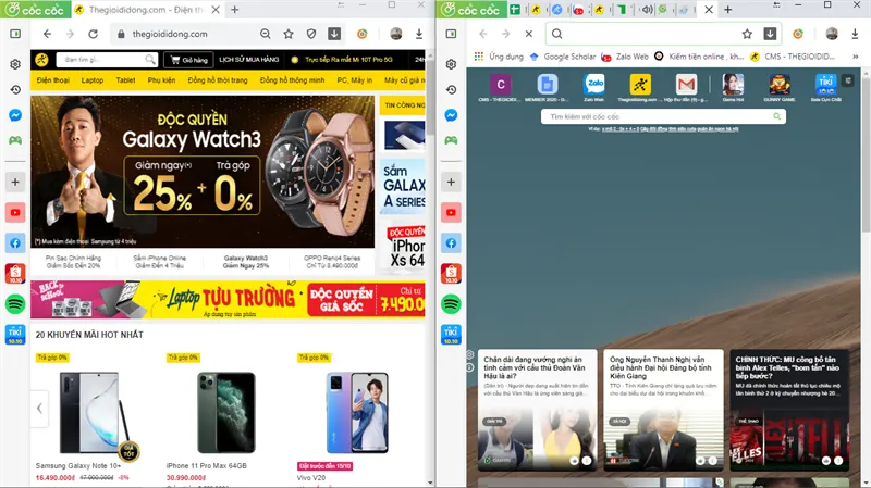 Ví dụ minh họa hai cửa sổ đã được chia đôi trên màn hình Windows
