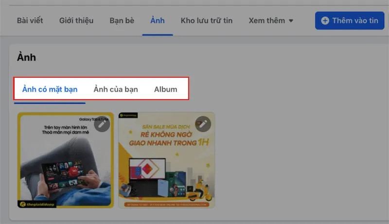 Các mục Ảnh trên giao diện máy tính, giúp bạn dễ dàng tìm kiếm và xóa ảnh trên Facebook bằng máy tính