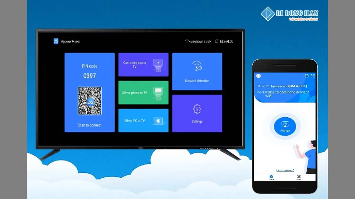Ứng dụng ApowerMirror đang phản chiếu màn hình điện thoại Android lên máy tính qua kết nối không dây.
