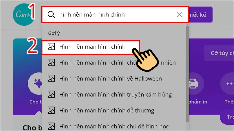 Tìm kiếm từ khóa hình nền trên Canva để bắt đầu tạo hình nền máy tính