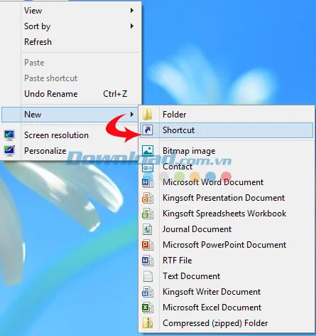 Menu chuột phải trên Desktop, chọn New và Shortcut để bắt đầu tạo phím tắt tự động tắt máy