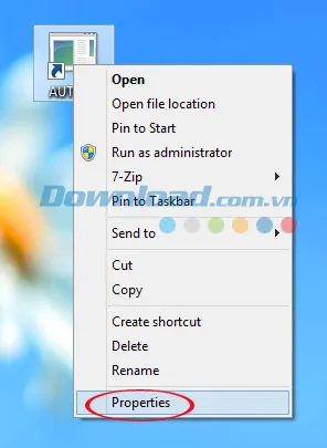 Menu Properties khi nhấn chuột phải vào Shortcut để tùy chỉnh thời gian và thuộc tính tắt máy tự động