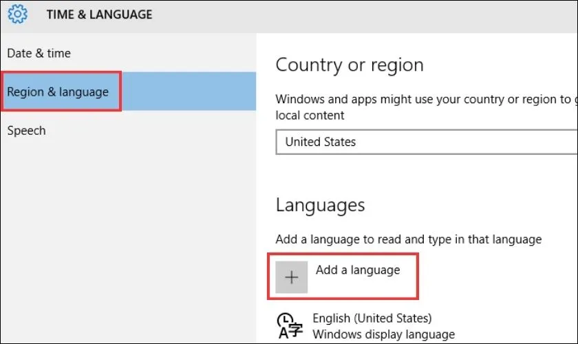 Giao diện Region &amp; Language, chọn Add a language để thêm ngôn ngữ Korean vào hệ điều hành
