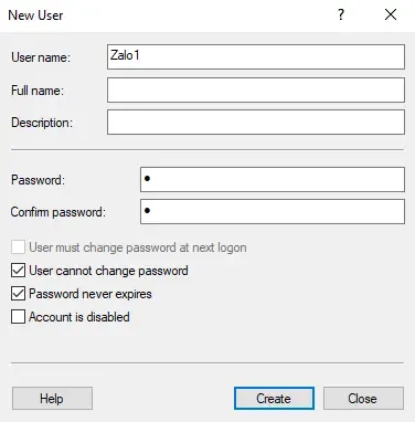 Thiết lập thông tin đăng nhập và quyền hạn cho người dùng Zalo mới