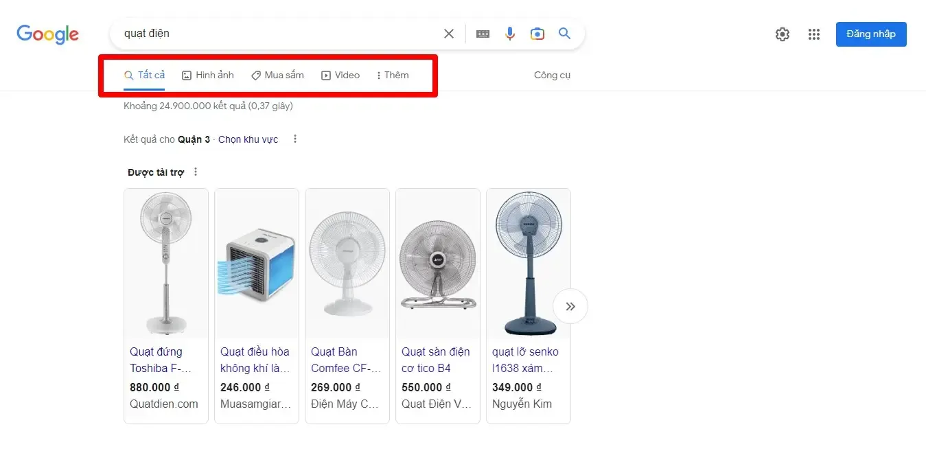 Sử dụng bộ lọc của Google với từ khóa “quạt điện”