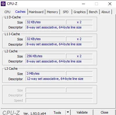 Thông số bộ nhớ đệm Cache L1 L2 L3 của CPU hiển thị trong phần mềm CPU-Z