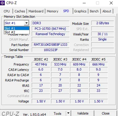 Xem thông số chi tiết của từng khe cắm RAM (Slot Selection) bằng tab SPD của CPU-Z