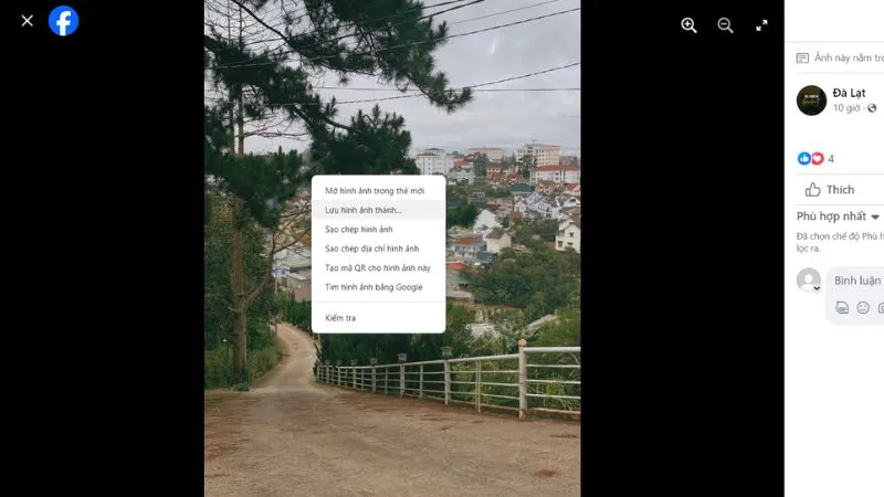 Menu ba chấm trên Facebook cho phép chọn Lưu hình ảnh thành tệp tin trên máy tính