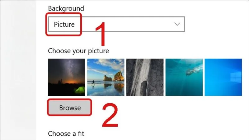 Cửa sổ cài đặt Background, nơi chọn hình ảnh và kiểu hiển thị hình nền