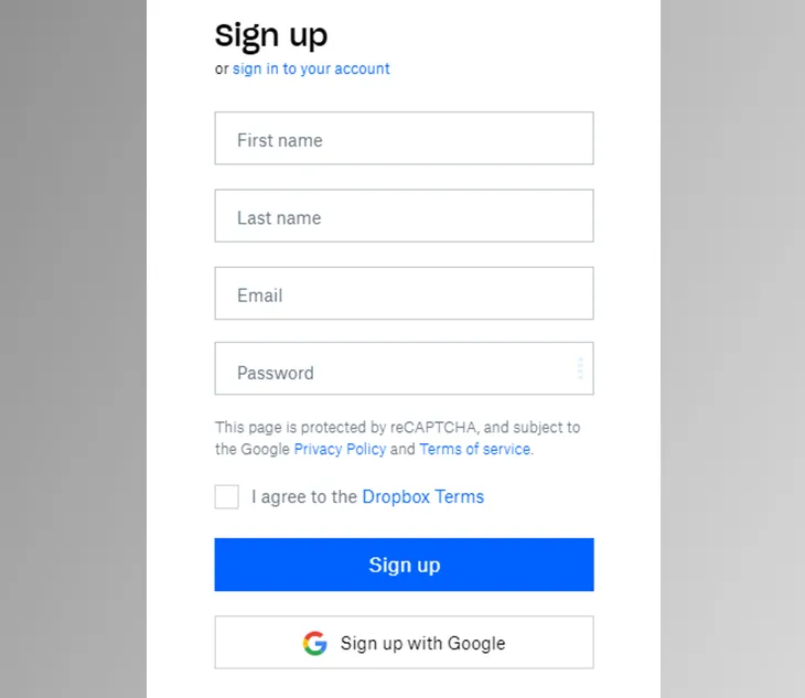 Biểu mẫu đăng ký tài khoản Dropbox mới trên trình duyệt web, cần nhập thông tin cá nhân để hoàn tất