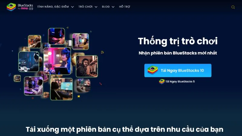 Giao diện trang chủ chính thức của BlueStacks với nút tải xuống phần mềm cho máy tính