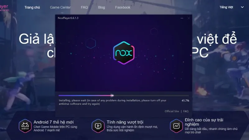 Hộp thoại hiển thị quá trình cài đặt NoxPlayer, nhắc người dùng chấp nhận các điều khoản và nhấp vào nút Install
