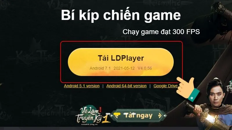Giao diện trang web LDPlayer, với nút tải xuống màu cam nổi bật, hướng dẫn người dùng cách tải Google Play về máy tính