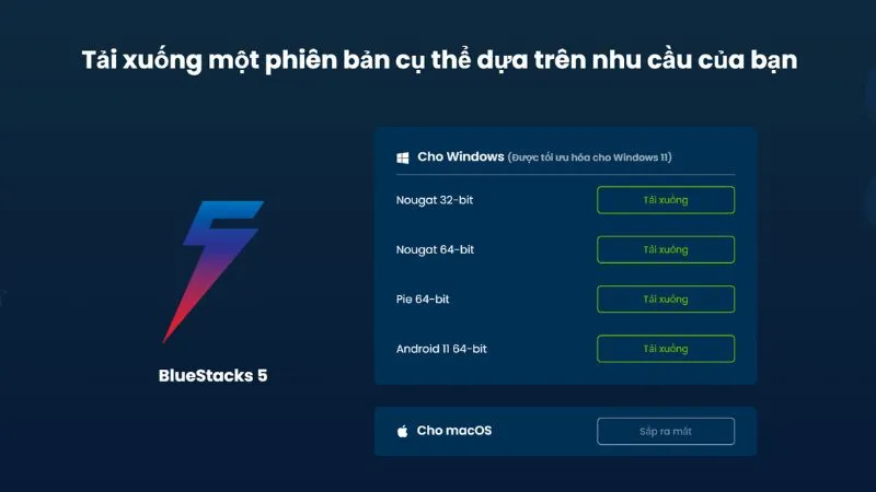 Giao diện hộp thoại lựa chọn phiên bản BlueStacks để người dùng tải xuống, tùy theo hệ điều hành Windows hoặc Mac