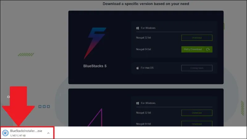 Quá trình tải xuống tệp cài đặt BlueStacks đang diễn ra, hiển thị dung lượng và tiến độ tải