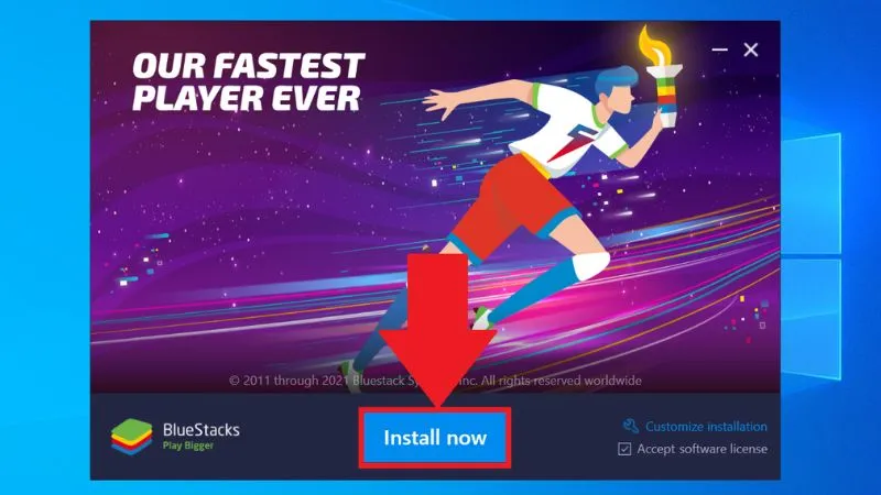 Hộp thoại yêu cầu người dùng nhấp vào nút Install Now để bắt đầu quá trình cài đặt phần mềm BlueStacks trên PC