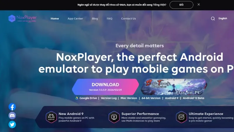 Trang web chính thức của NoxPlayer, hiển thị nút tải xuống màu vàng nổi bật