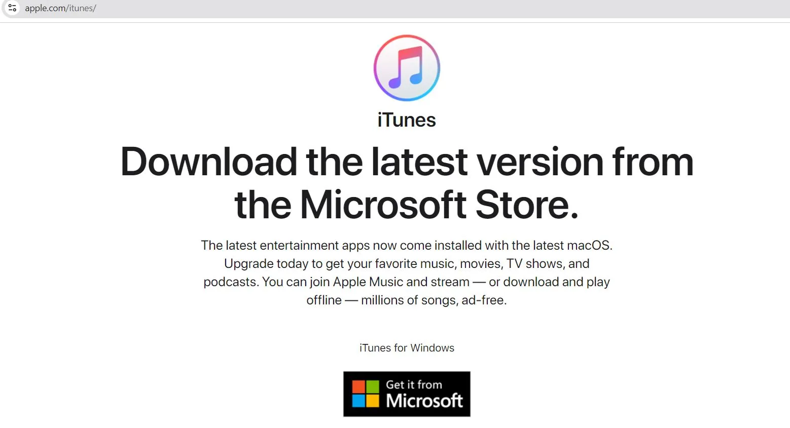 Giao diện trang tải xuống iTunes chính thức từ Apple, chuẩn bị cho cách cài đặt itunes trên máy tính