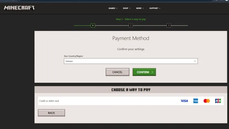 Thêm phương thức thanh toán quốc tế như Visa hoặc Mastercard để mua game Minecraft