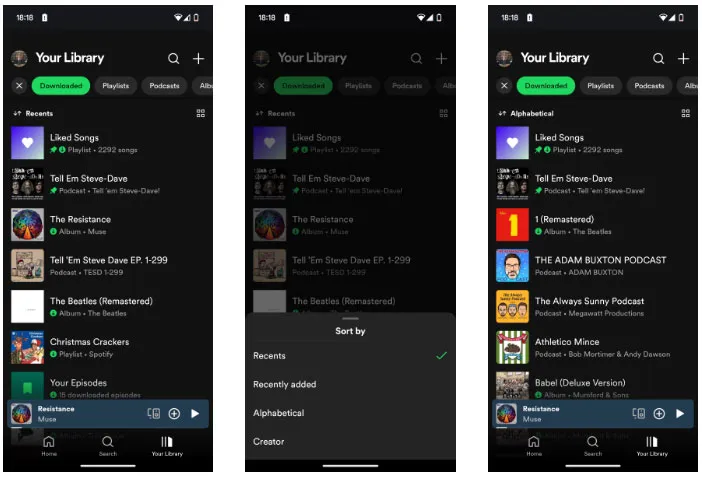 Thư viện nhạc đã tải xuống trên Spotify được sắp xếp theo tên hoặc ngày thêm