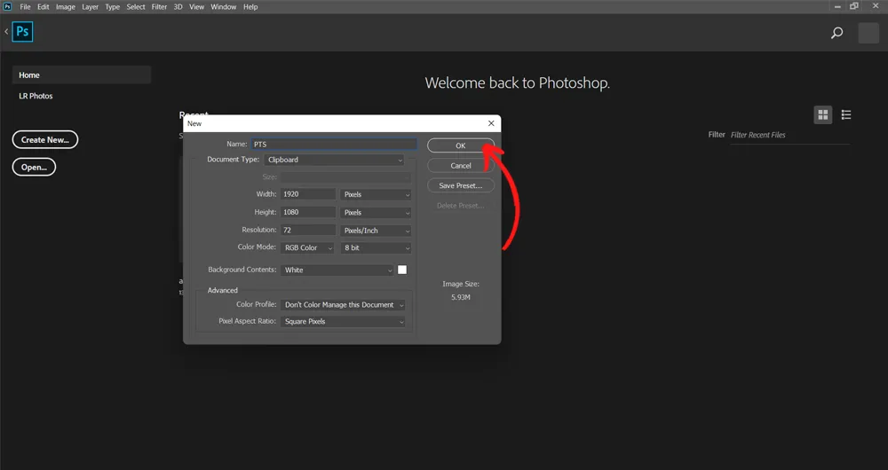 Cách tạo trang làm việc mới trên Photoshop - Bước 2