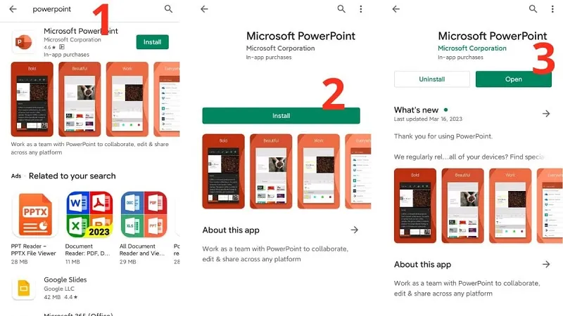 Giao diện ứng dụng Microsoft PowerPoint trên Google Play Store, sẵn sàng để tải xuống thiết bị Android