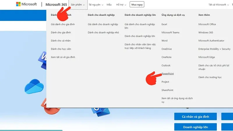 Trang web chính thức của Microsoft, nơi người dùng bắt đầu quy trình cách tải powerpoint về máy tính bằng cách chọn gói Office