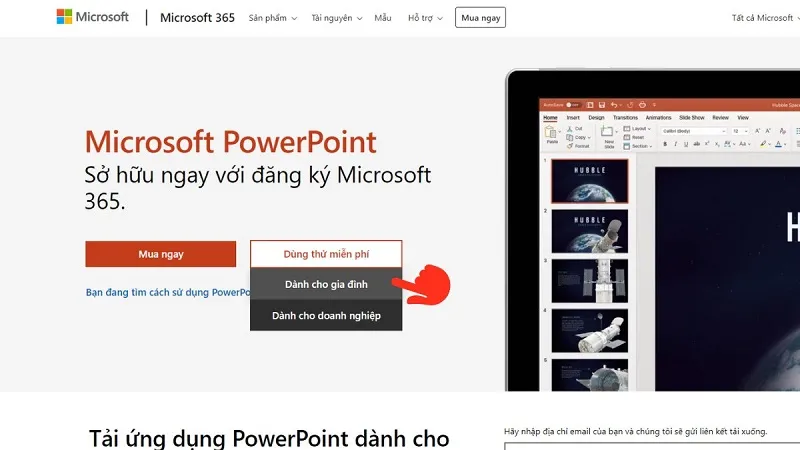 Tùy chọn mua hoặc dùng thử gói Microsoft 365 Personal và Family, bước quan trọng trong hướng dẫn cách tải powerpoint về máy tính