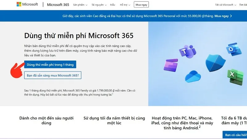 Màn hình đăng ký dùng thử Microsoft 365, yêu cầu đăng nhập tài khoản Microsoft để tiếp tục quá trình cài đặt